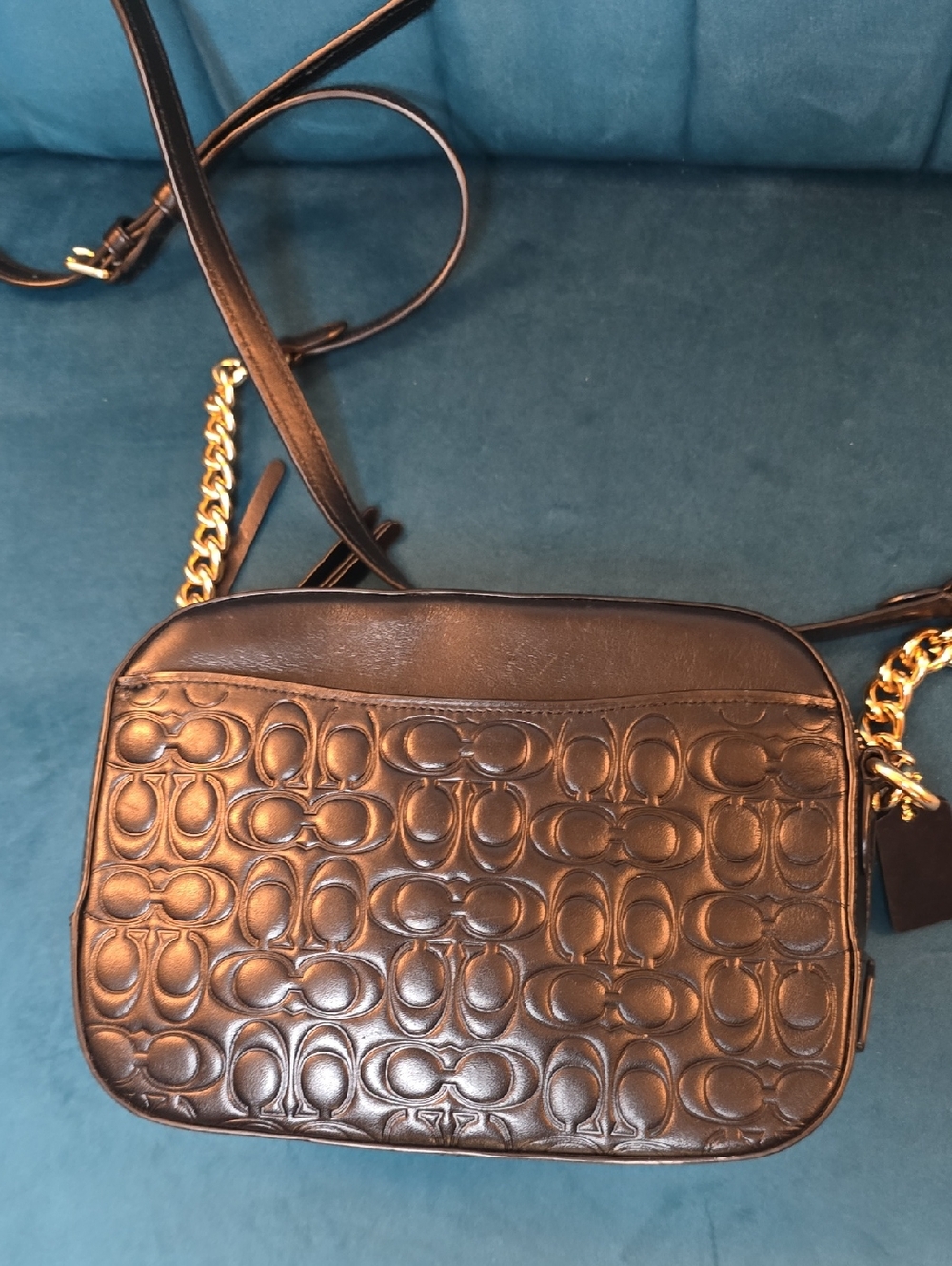 Black Embossed Leather Crossbody Bag with Gold Chain